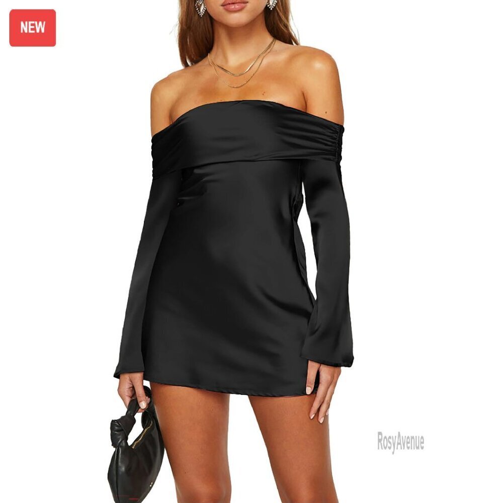 Satin Off Shoulder Mini Dress Long Sleeve Tie Back Wedding Cocktail